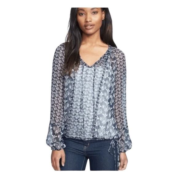 Lucky Bob Robshaw Calimesa Blouse Blue Tan Sheer Mixed Print Long Sleeve S - Picture 1 of 7